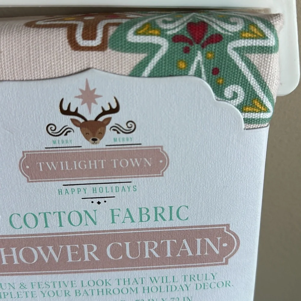 COPY - Twilight Town cotton Fabric Shower Curtain Pink Gingerbread House NEW